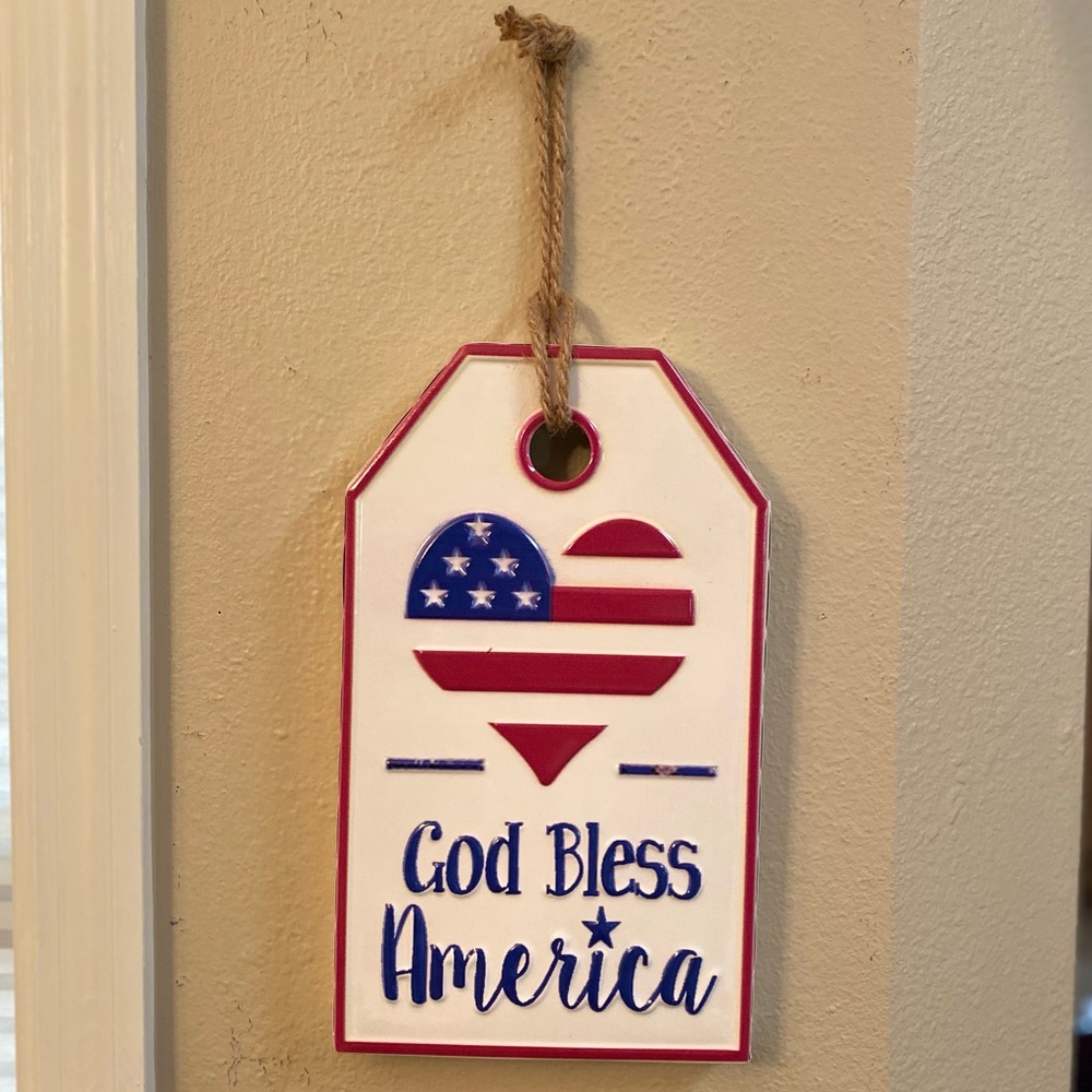 God Bless America Sign, Patriotic Tag Shaped Metal Wall Decor, July 4th Decor